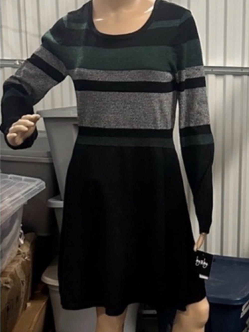 by & by Black and Gray Striped Long Sleeve Dress